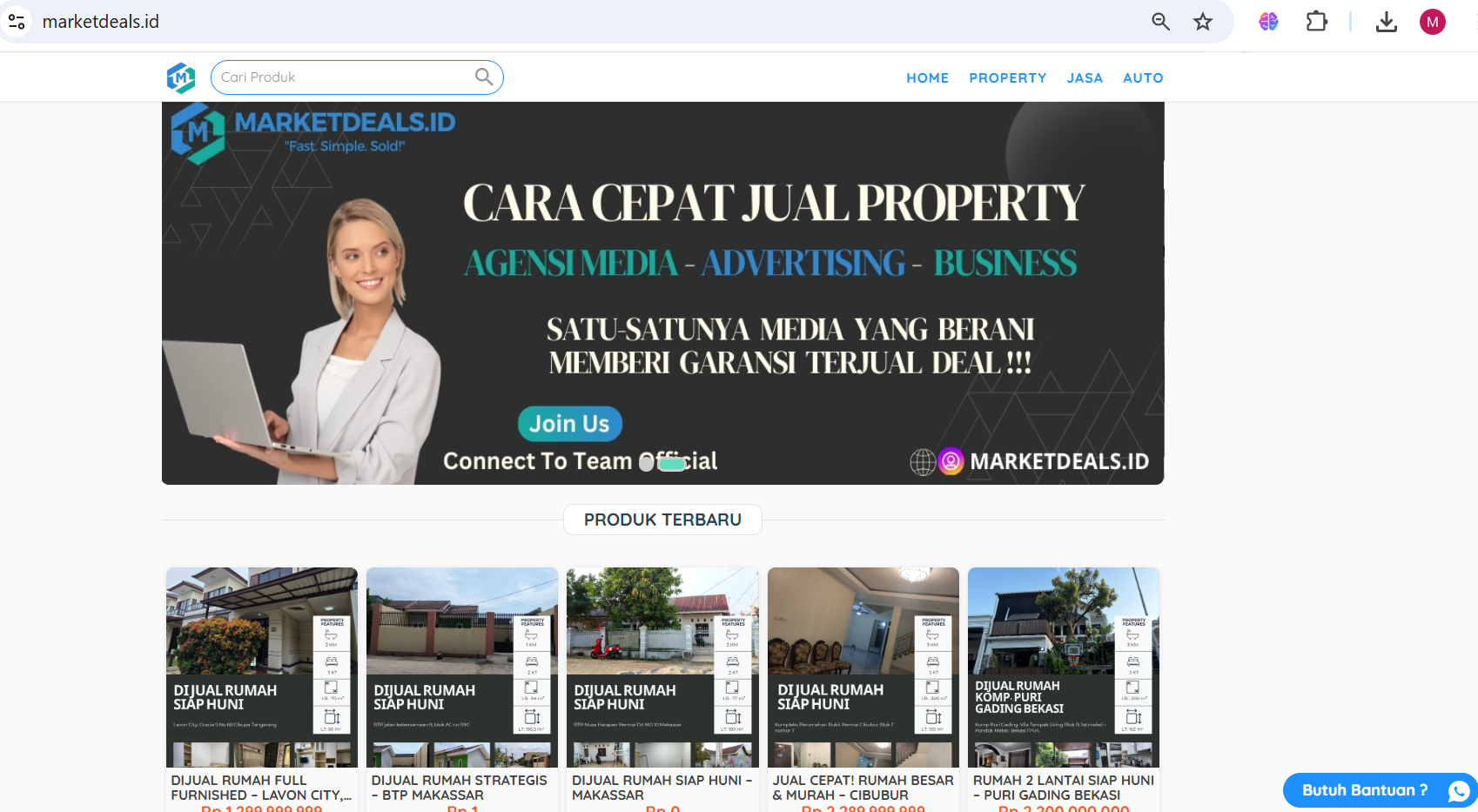 Screenshot website properti Marketdeals.id yang dikembangkan oleh Naikinomzet.id